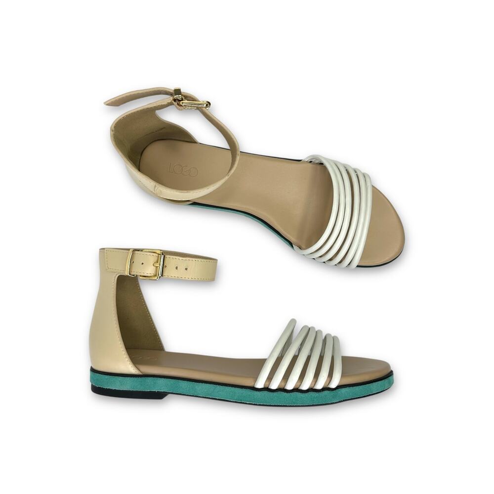 LOGO By Lori Goldstein Women's Grace Sandals US 9.5 Cream Teal Flat Ankle Strap